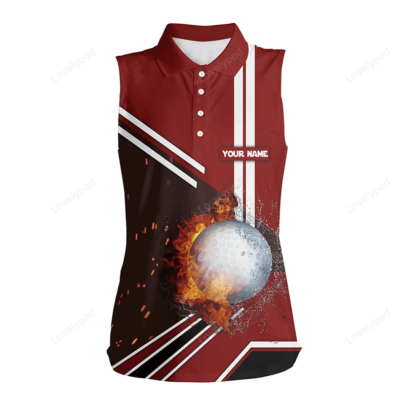 Golf ball on fire and water red sleeveless golf polo shirts personalized flame golf shirts for women GY3154