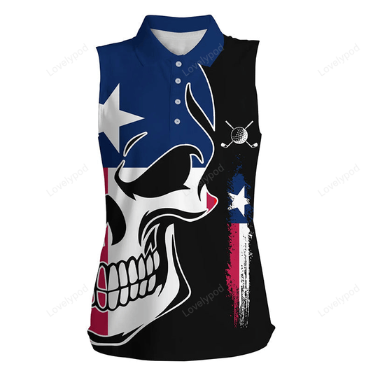 Women sleeveless polo shirt texas flag patriotic skull golf shirts for women, ladies golf top GY3159