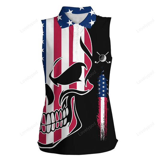 Women sleeveless polo shirt american flag patriotic skull golf shirts for women, ladies golf top GY3160