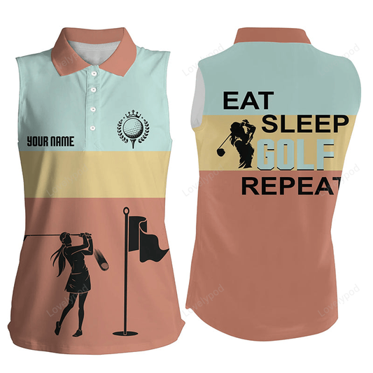 Eat sleep golf repeat womens sleeveless polo shirts customized colorful vintage golf shirts for women GY3161