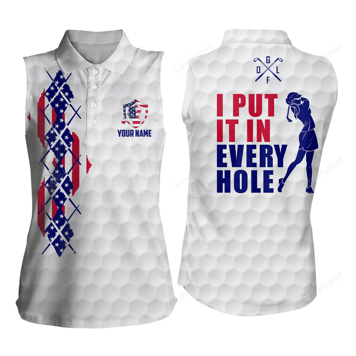 American flag argyle womens sleeveless golf polo shirts customized patriotic us golf shirts for women GY3169