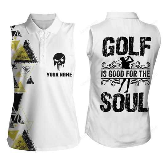 Personalized black yellow triangle custom white women's sleeveless polo shirt golf is good for the soul GY3170