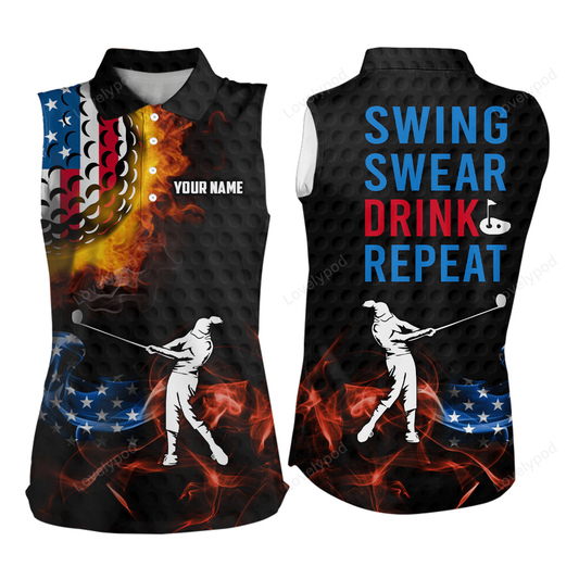 American flag swing swear drink repeat sleeveless golf polos, flame patriotic golf shirts for women GY3173