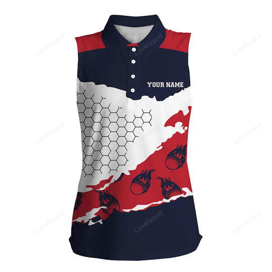 Custom american flag womens sleeveless golf shirts golf flame 3d all over print polo tops for women GY3174