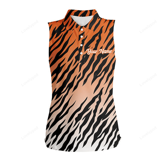 Orange tiger stripes pattern women's sleeveless polo shirts custom sleeveless golf shirt ladies GY3175