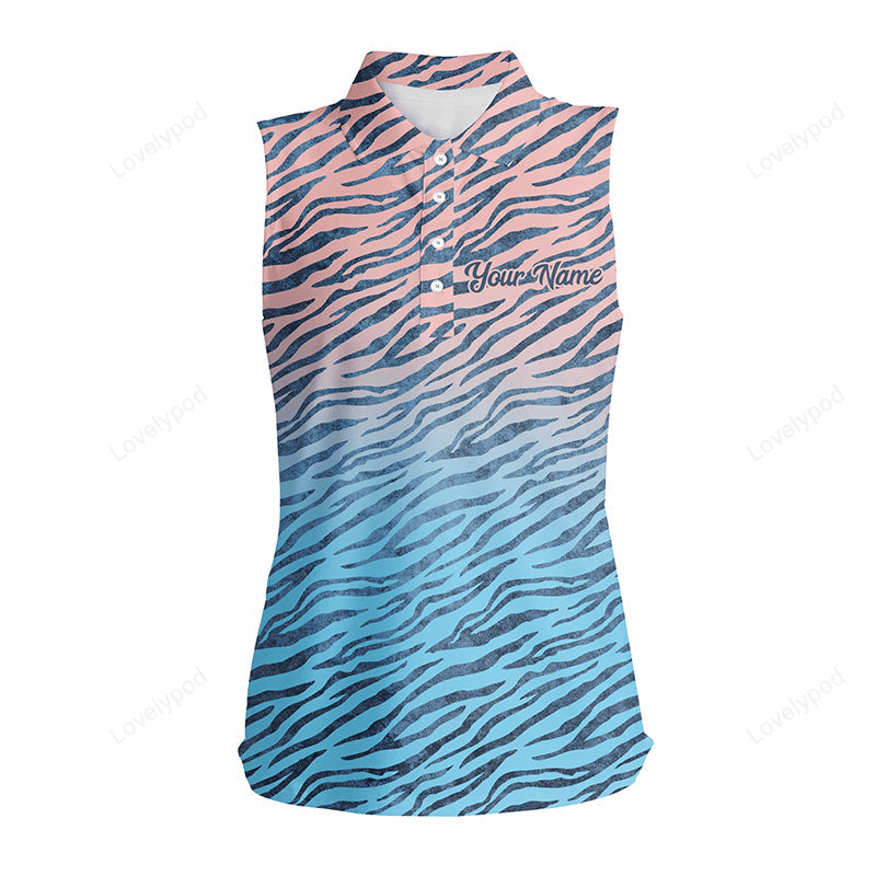 Pink blue tiger pattern sleeveless golf shirt for women custom women's golf tank, gifts for the golfer GY3177