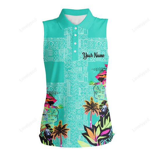 Green tropical womens sleeveless polo shirt custom green golf tops for womens, personalized golf gifts GY3179