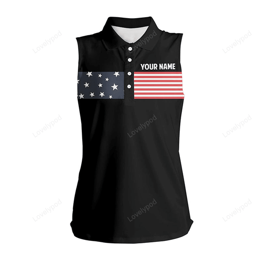 American flag black womens sleeveless polo shirt custom patriotic golf tops for women's, golf gifts GY3180