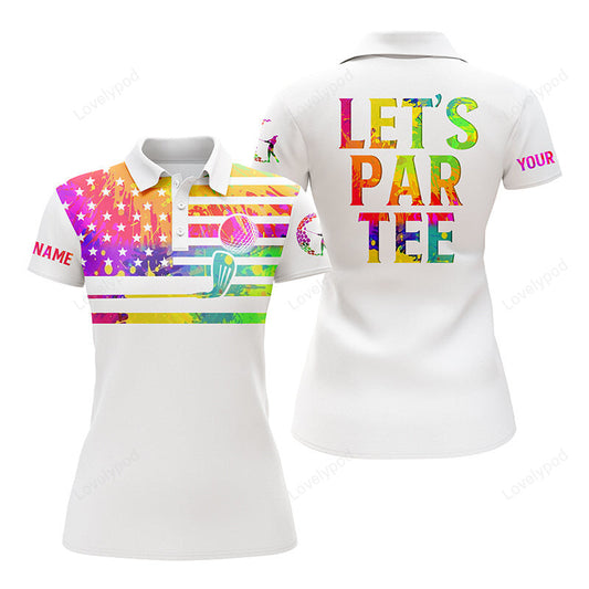 Women's golf polo shirts, watercolor american flag custom name let’s par tee white golf shirt GY3186