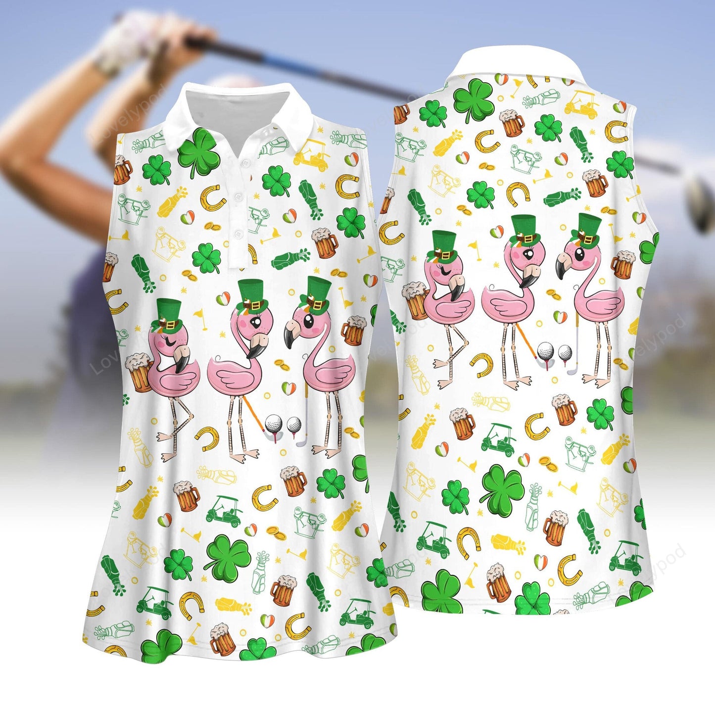 Flamingo st patrick's day women golf sleeveless polo shirt, polo shirt for women, ladies golf shirt GY3199