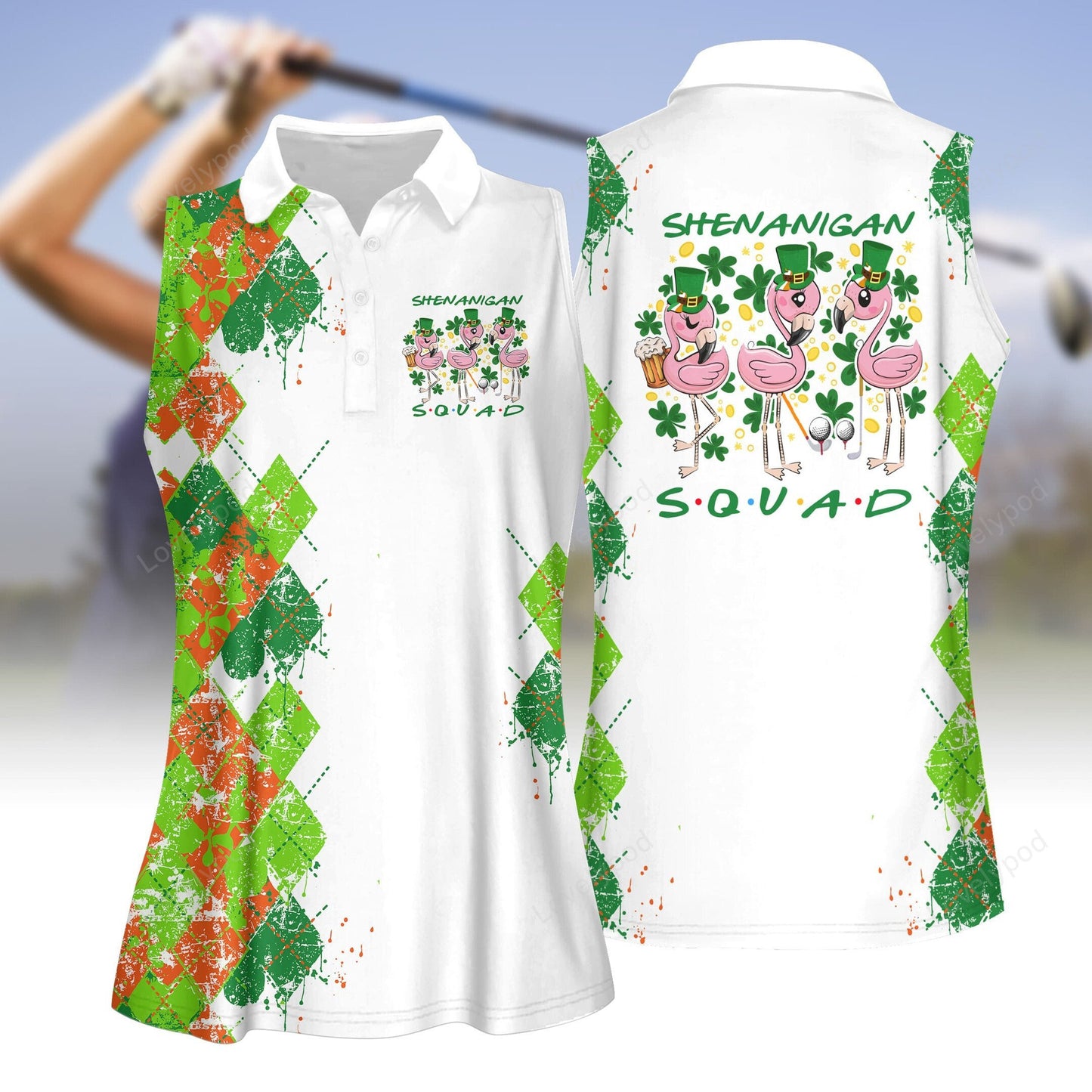 Argyle shenanigan squad flamingo st patrick's day women golf sleeveless polo shirt, polo shirt for women, ladies golf shirt GY3203