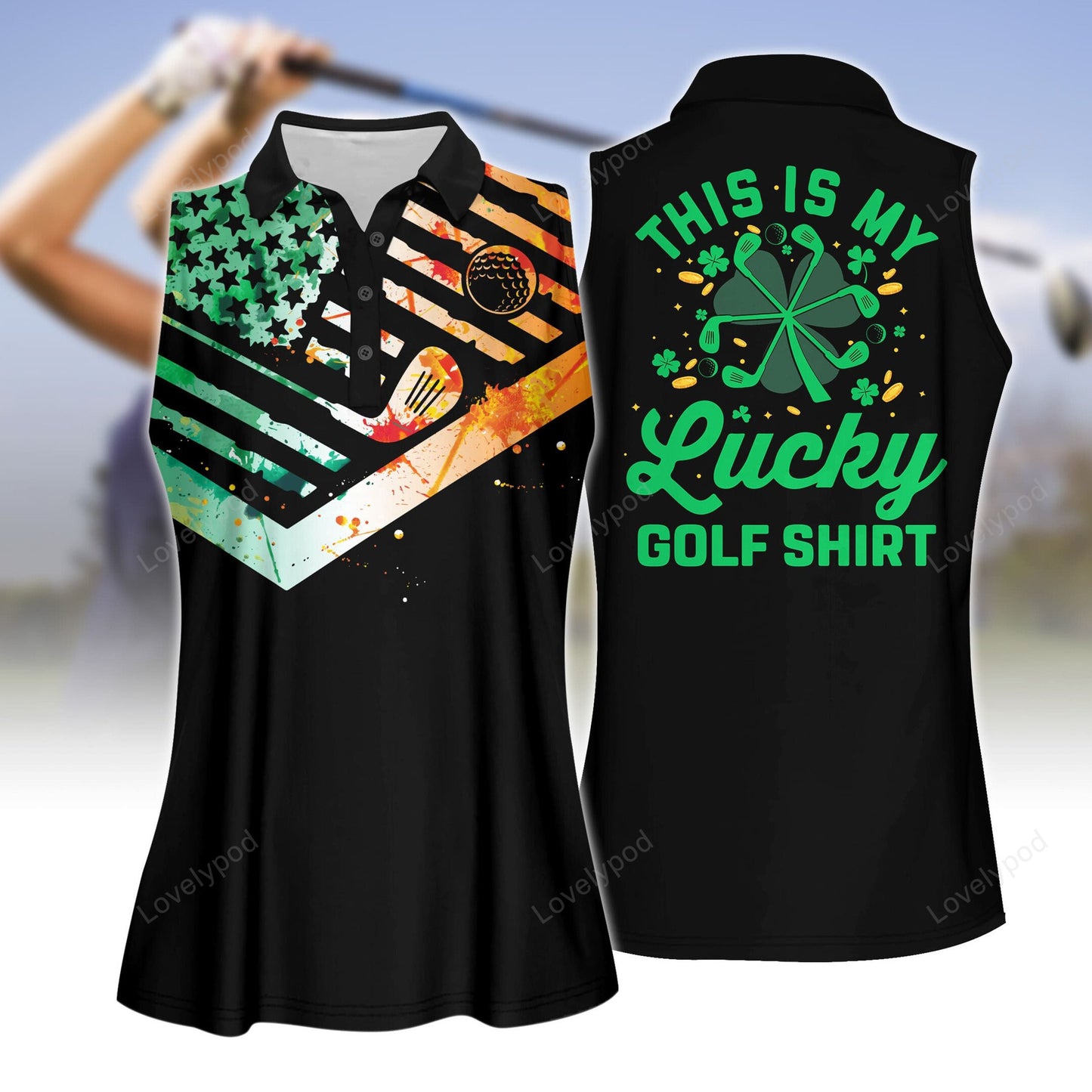 Black version this is my lucky golf shirt st patrick's day women golf sleeveless polo shirt, polo shirt for women, ladies golf shirt GY3204