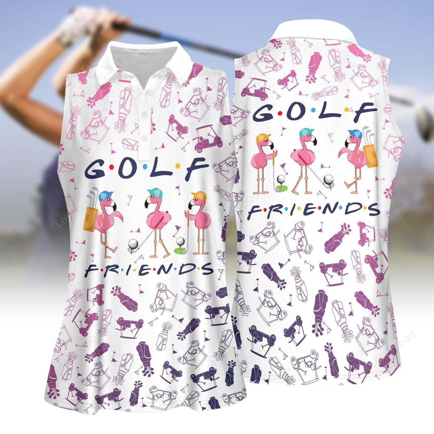 Flamingo golf friends pattern women golf sleeveless polo shirt, ladies golf shirt, golf polo shirt for women GY3217