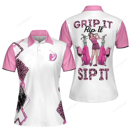 Grip it rip it sip it short sleeve women polo shirt, pink leopard pattern golf shirt for ladies, golf shirt, funny golf shirts GY3229