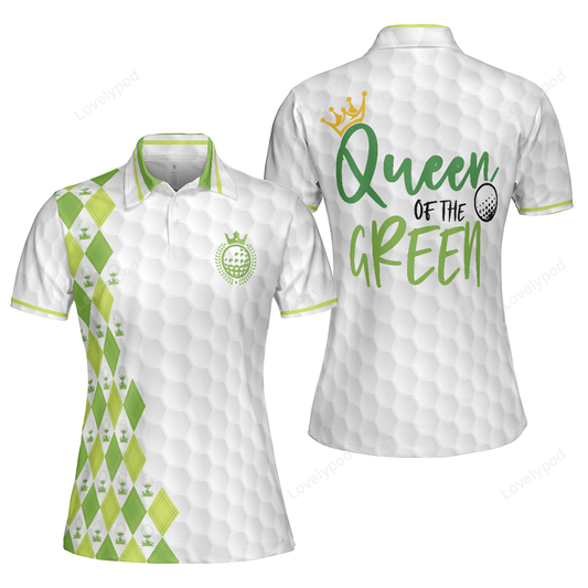 Queen of the green argyle pattern with golf ball on tee short sleeve women polo shirt, white and green golf shirt for ladies GY3230