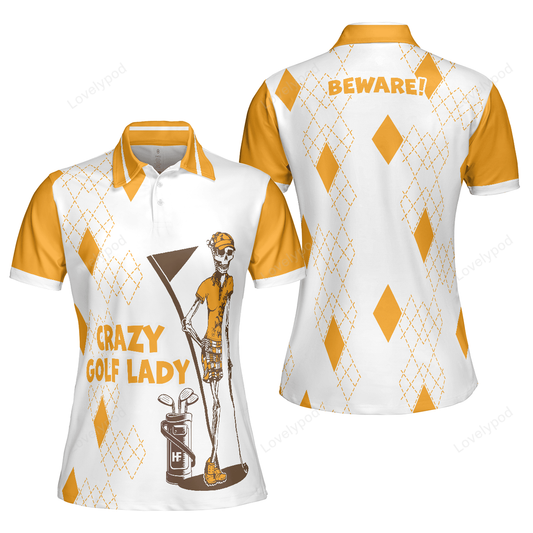 Crazy golf lady short sleeve women polo shirt, white and yellow golf shirt for ladies GY3236