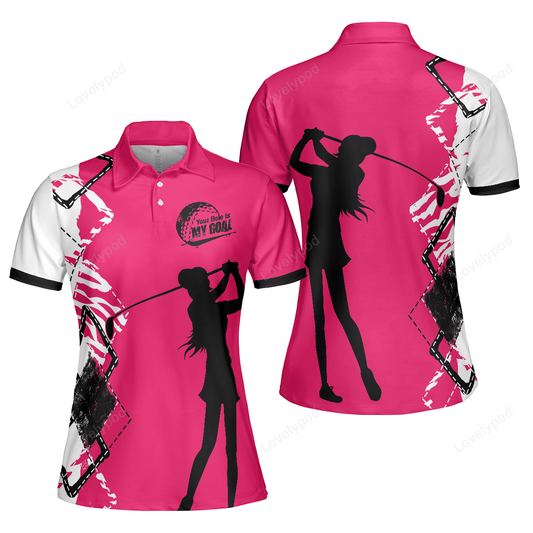 Your hole is my goal golf short sleeve women polo shirt, white and pink golf shirt for ladies GY3252