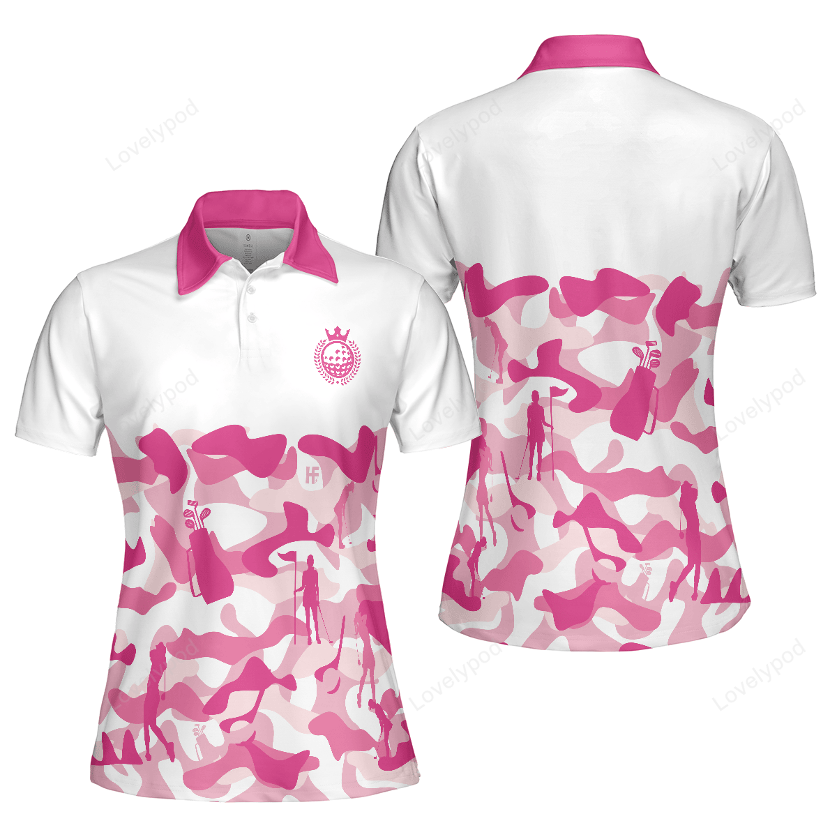 Pink camouflage pattern with women golfer short sleeve women polo shirt, white and pink camo golf shirt for ladies GY3276