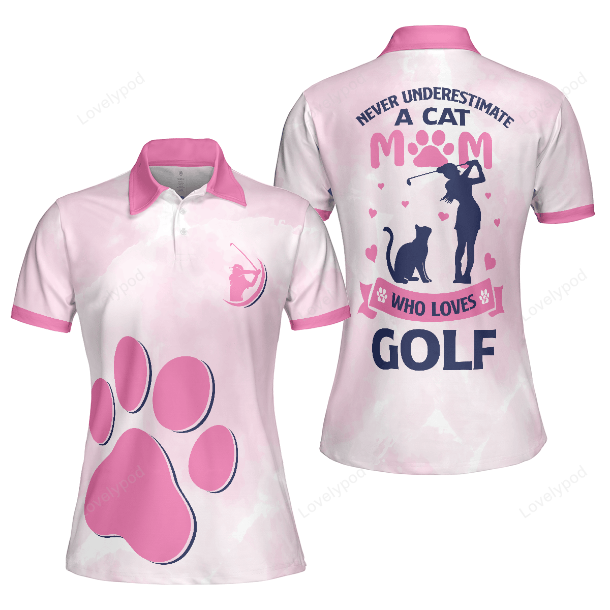 Never underestimate a cat mom golf girl v2 short sleeve women polo shirt, pink paw pattern golf shirt, golf gift for cat lovers GY3281