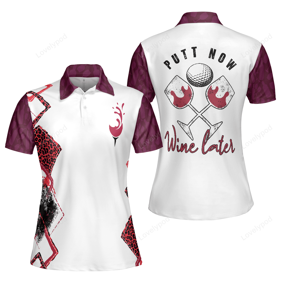 Putt now wine later elegant leopard pattern golf short sleeve women polo shirt, golf shirt for ladies GY3300