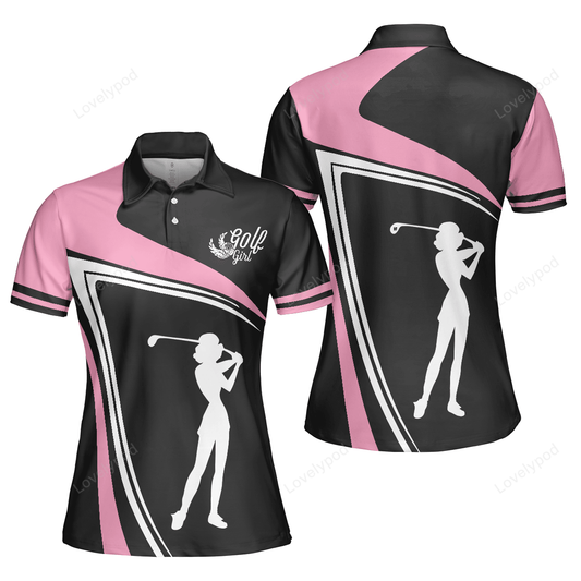 Golf girl black white and pink short sleeve women polo shirt, best golf gift for women GY3302