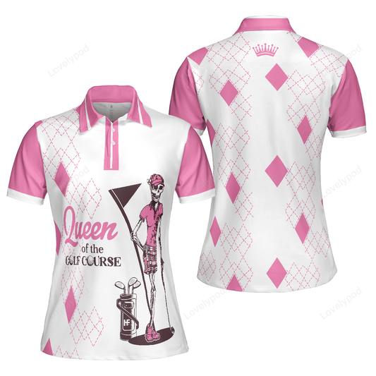 Queen of the golf short sleeve women polo shirt, white and pink argyle pattern golf shirt for women GY3306