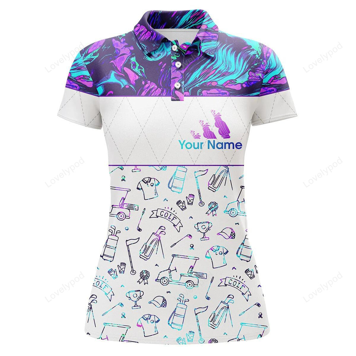 Customized name golf women polo shirts, white golf shirts, funny golf icons polo shirts, perfect gift for ladies, golf lovers GY3316