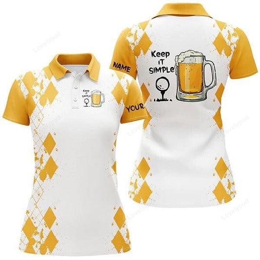 Customized name golf women polo shirts, white yellow polo shirt personalized keep it simple golf & beer GY3321