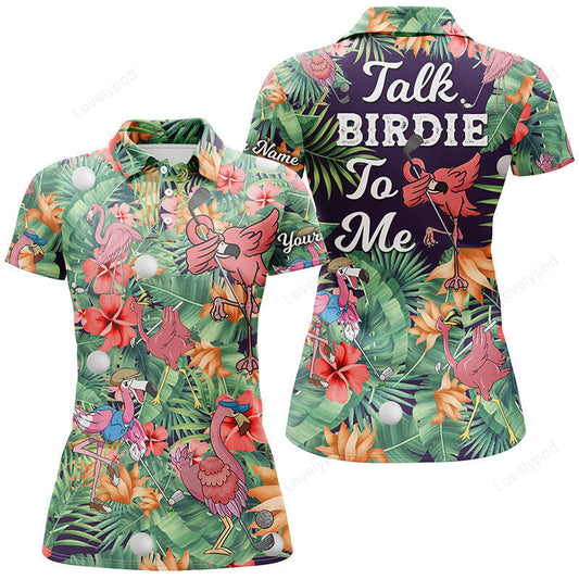 Funny womens golf polo shirt, custom green tropical flower flamingo golf shirts, talk birdie to me GY3323