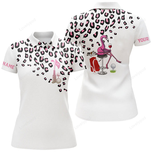 Pink leopard womens golf polo shirt, custom white ladies golf top, funny flamingo golf wine shirts GY3325