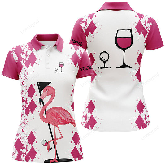 White pink womens golf shirt, flamingo golf & wine custom name womens golf polo shirt GY3328