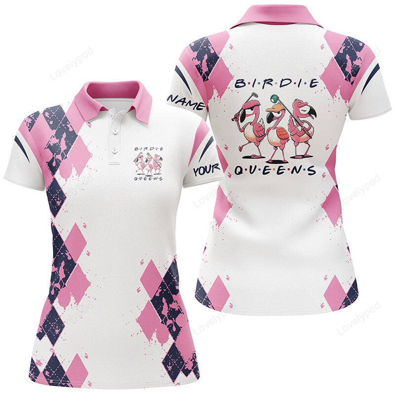 Women golf polo shirts, custom name pink argyle pattern birdie queen white golf outfit for women GY3334