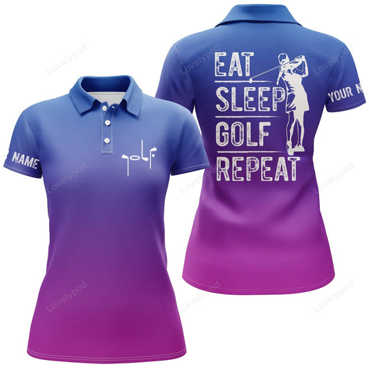 Womens golf polo shirt custom name gradient color eat sleep golf repeat, gifts for golf lover GY3335