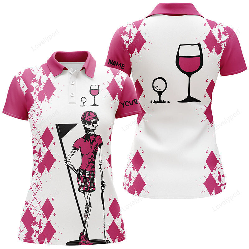 White pink womens golf shirt skull golf & wine custom name womens golf polo shirt GY3338