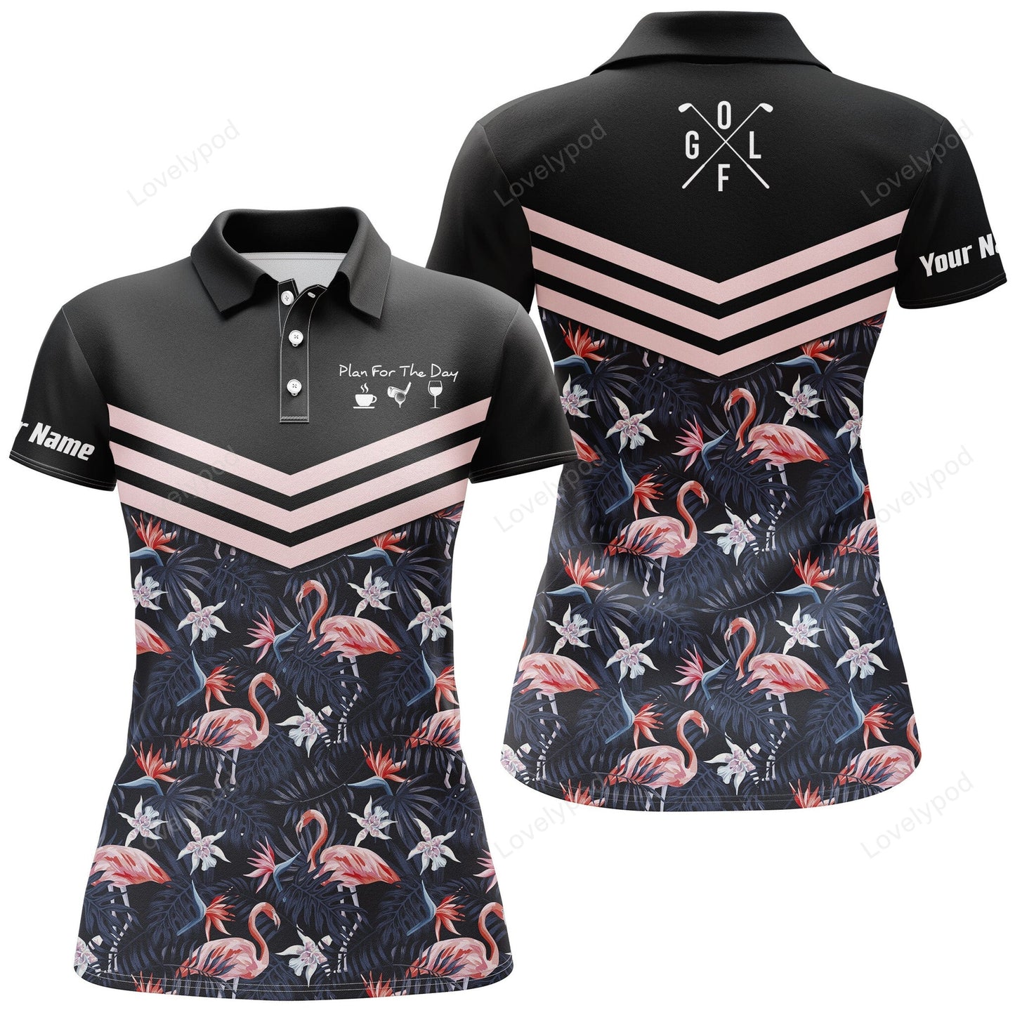 Plan for the day coffee golf wine custom name womens golf polo shirts, tropical leaf flamingo pattern GY3344