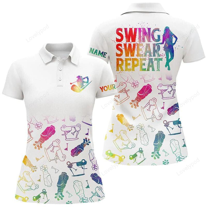 Customized name golf women polo shirts, personalized watercolor golf icons swing swear repeat golf polo shirts GY3346