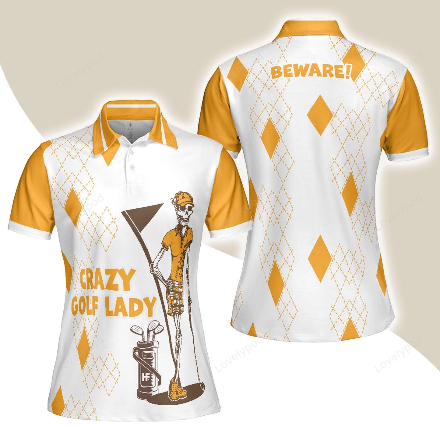 Golf women polo shirt, crazy golf lady skull, white and yellow women polo shirts, funny golf gift for female golfers GY3349