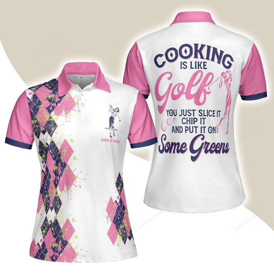 Golf women polo shirt, cooking is like golf slice chip and put on some greens, argyle pattern funny women polo shirts, gift for golfers GY3350