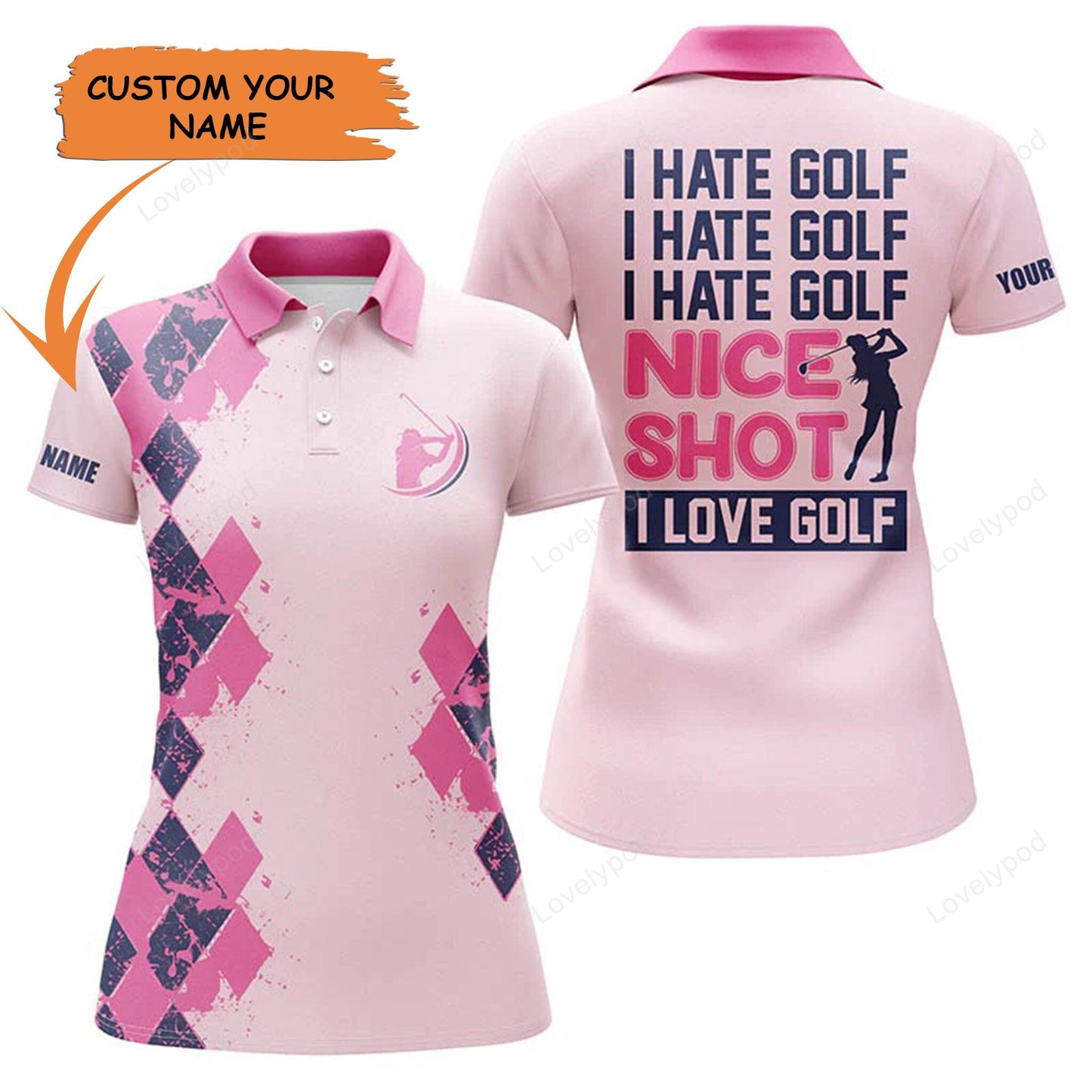 Golf custom name women polo shirt, i love golf pink argyle pattern personalized women polo shirt, perfect gift for ladies, girls, golf lovers, golfers GY3352