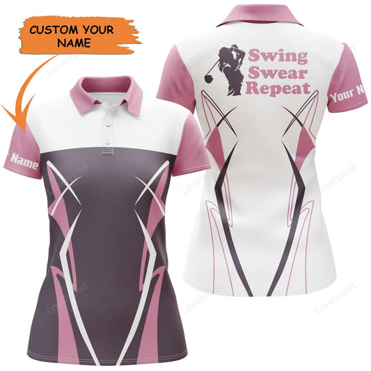 Swing swear repeat pink personalized women polo shirt- perfect gift for ladies, golf lovers, golfers GY3356