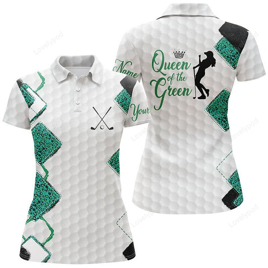 White golf ball green leopard personalized queen of the green, funny golf shirt for women GY3358