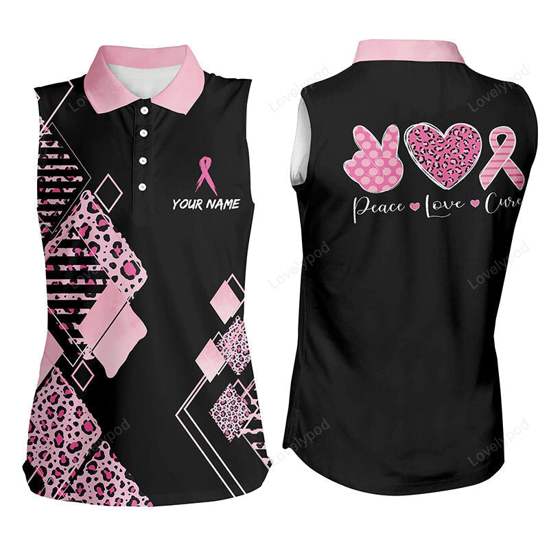 Black & pink leopard pattern womens sleeveless polo shirts, breast cancer pink ribbon womens golf tops GY3363