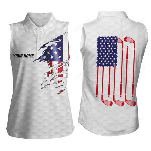 Womens sleeveless golf polo shirt, white golf ball american flag patriotic golf clubs, custom golf gifts GY3365