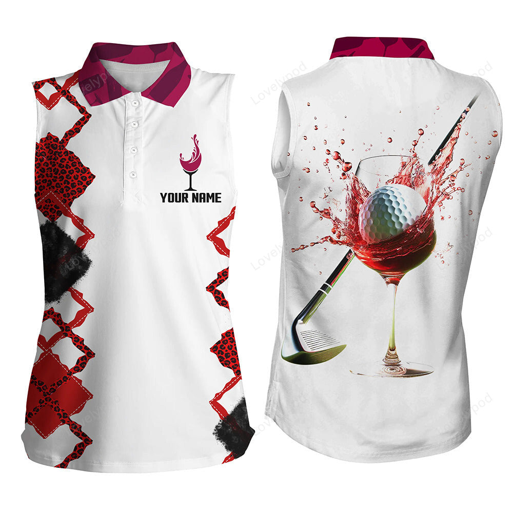 White red wine leopard golf shirts for women, custom name womens sleeveless polo shirt golfing gifts GY3366