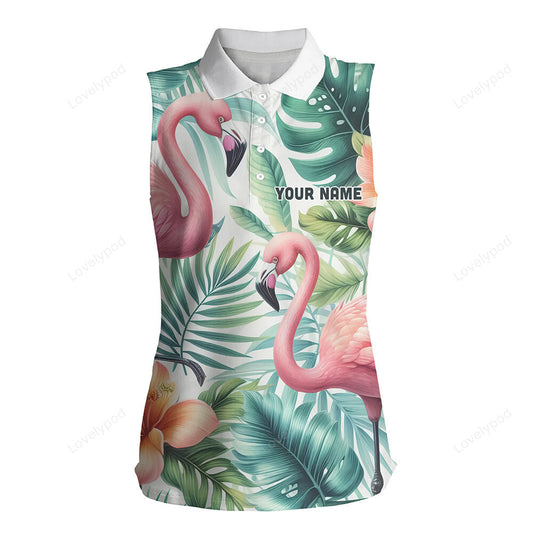 Pink flamingo tropical pattern women sleeveless polo shirt, custom golf shirts for women GY3367