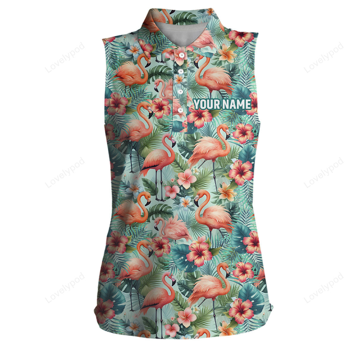 Pink flamingo tropical womens sleeveless polo shirts, custom name golf shirts for women golf gifts GY3369