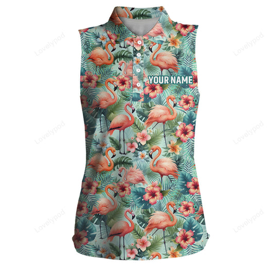 Pink flamingo tropical womens sleeveless polo shirts, custom name golf shirts for women golf gifts GY3369