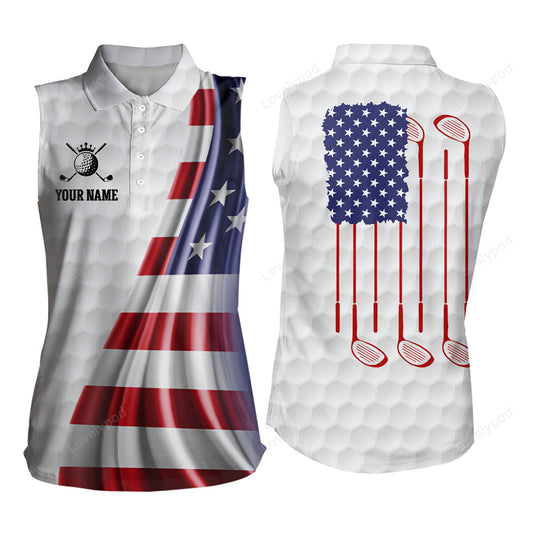 3d american flag womens sleeveless golf polo shirt, custom patriotic golf tops for women golfing gifts GY3371