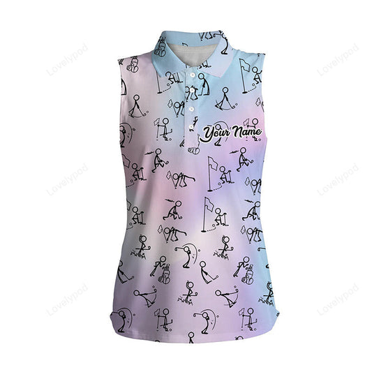 Womens sleeveless polo shirt rainbow gradient stick figures playing golf, custom golf gifts for women GY3375