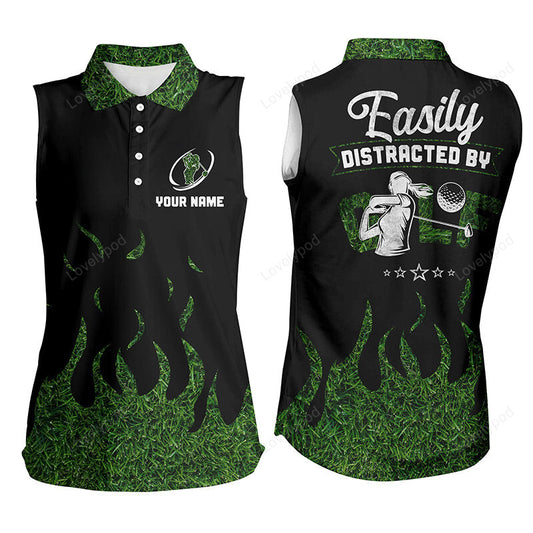 Black green grass ladies sleeveless golf shirts custom easily distracted by golf, funny golf shirts GY3383